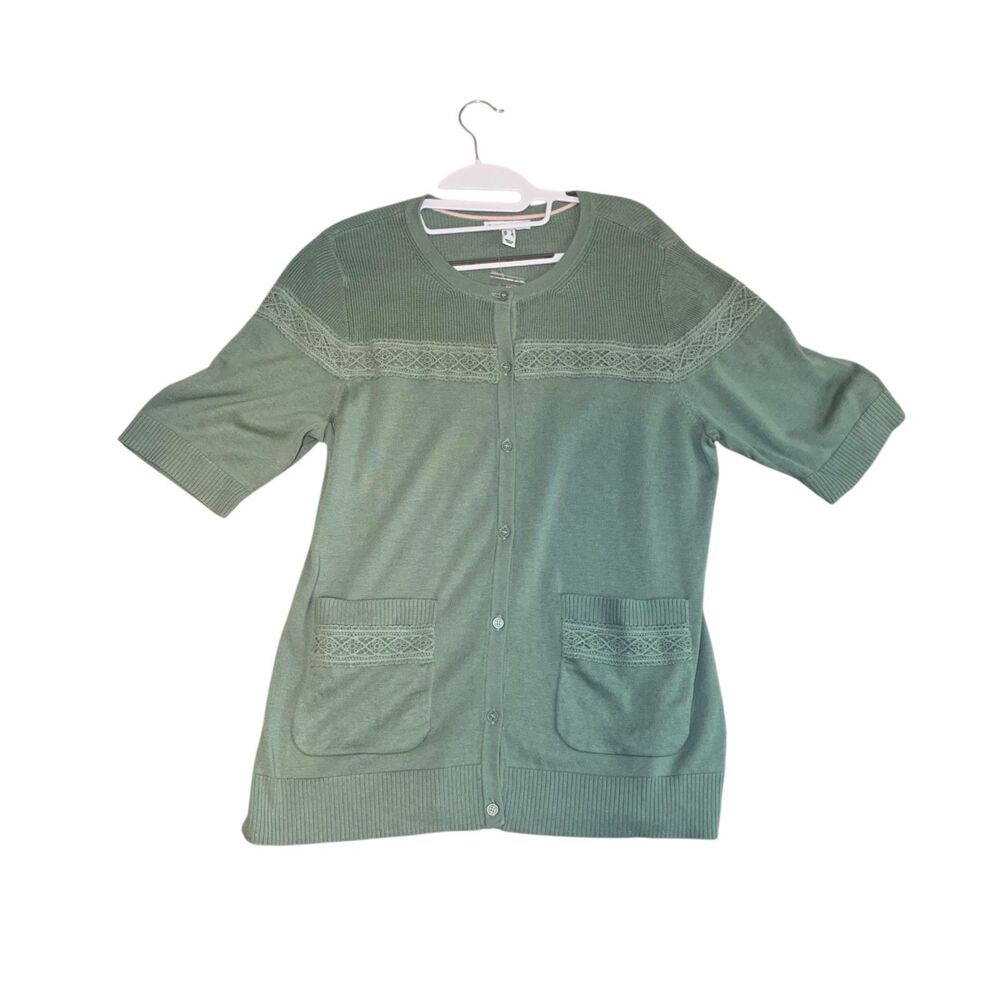Isaac Mizrahi Live Sage Green Lace Inset Button Front Cardigan M Cottagecore